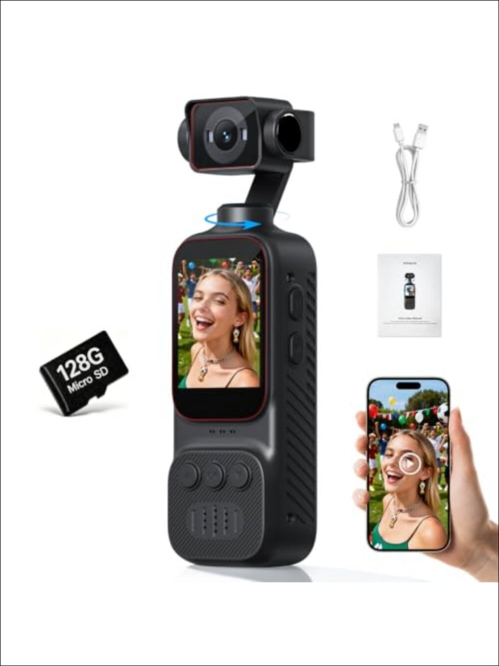 4K HD Pocket Handheld Camcorder WiFi Action Camera 12MP 170° Wide Angle